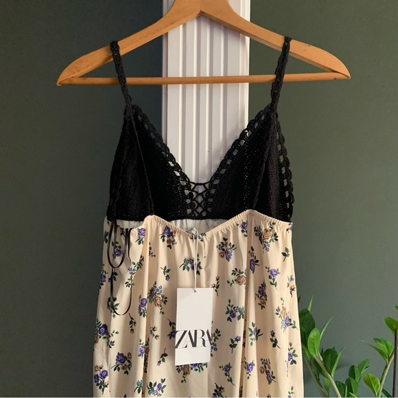 Zara Floral Satin Printed Crochet Cream Maxi Tank Dress Prairiecore - Picture 9 of 11
